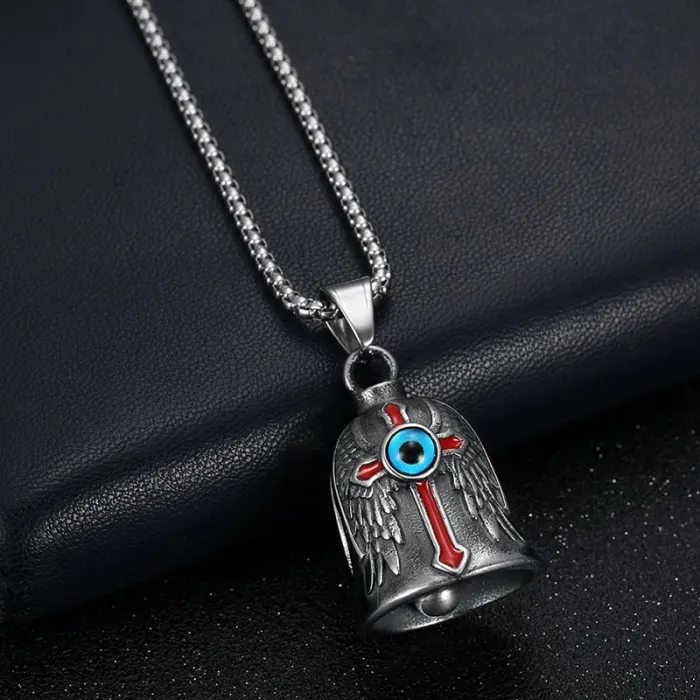 Wholesale Biker Bell with Blue Eye & Red Cross – Vintage Winged Stainless Steel Charm in Bulk, Factory Price Supplier