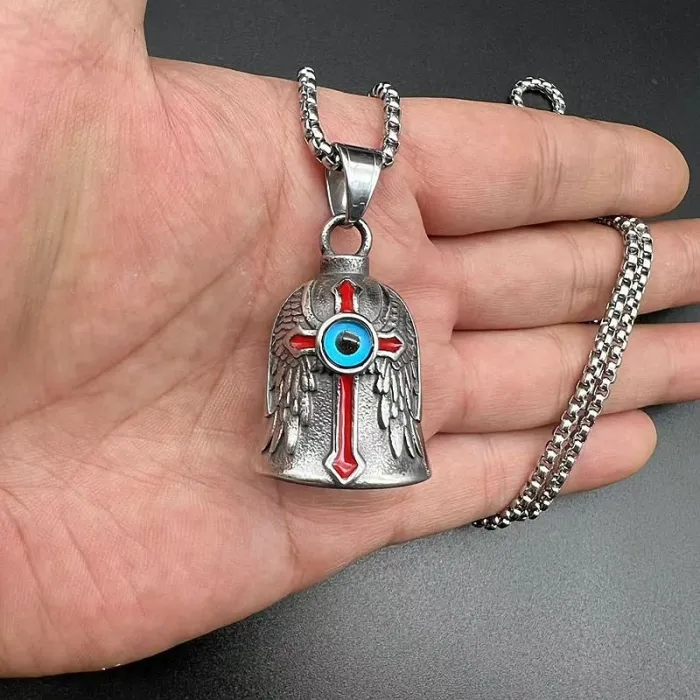 Wholesale Biker Bell with Blue Eye & Red Cross – Vintage Winged Stainless Steel Charm in Bulk, Factory Price Supplier