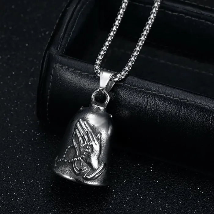 Wholesale Praying Hands Biker Bell – Titanium Steel Cross Charm, Vintage Punk Style, Bulk Supplier at Factory Price