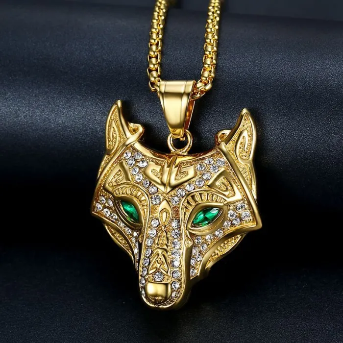 Wholesale Viking Wolf Head Pendant – Gold Plated Celtic Hip Hop Necklace in Titanium Steel, Bulk Supplier at Factory Price