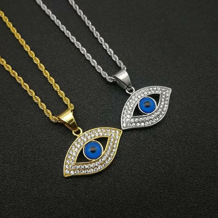 Wholesale Evil Eye Pendant Necklace – Iced Out Gold Plated Titanium Steel Hip Hop Jewelry, Bulk Supplier at Factory Price