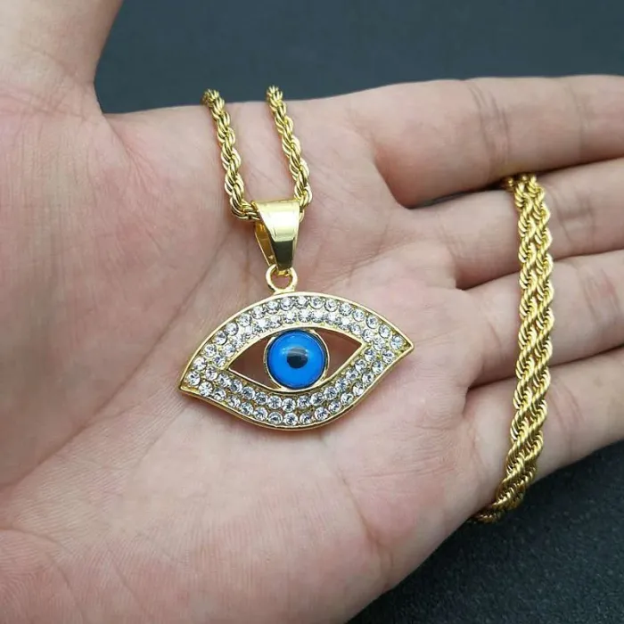 Wholesale Evil Eye Pendant Necklace – Iced Out Gold Plated Titanium Steel Hip Hop Jewelry, Bulk Supplier at Factory Price