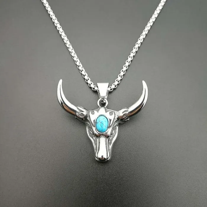 Wholesale Punk Turquoise Bull Head Necklace – Bulk Stainless Steel Pendant at Factory Price