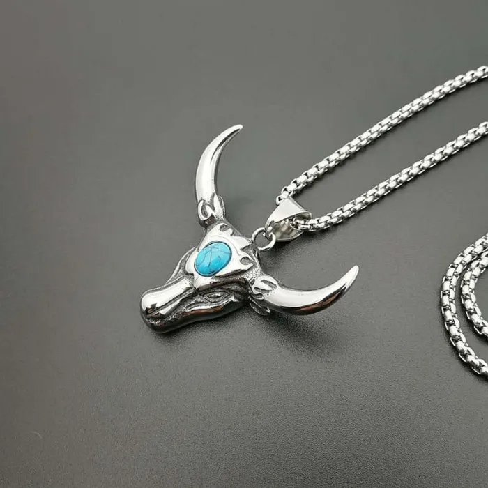 Wholesale Punk Turquoise Bull Head Necklace – Bulk Stainless Steel Pendant at Factory Price