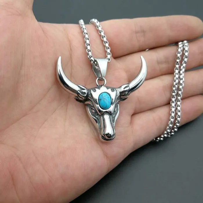Wholesale Punk Turquoise Bull Head Necklace – Bulk Stainless Steel Pendant at Factory Price