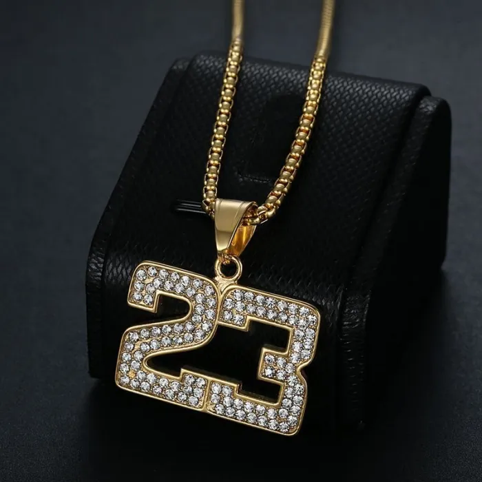 Wholesale Hip Hop 23 Basketball Pendant – Bulk Gold-Plated Stainless Steel Necklace with CZ Bling
