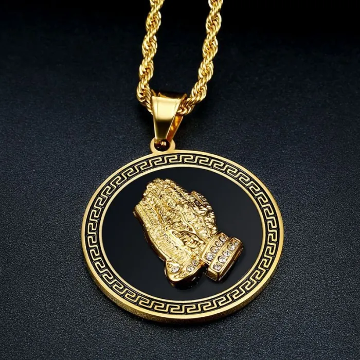 Wholesale Praying Hands Pendant – Bulk Gold-Plated Hip Hop Necklace in Vacuum-Coated Stainless Steel with CZ Bling