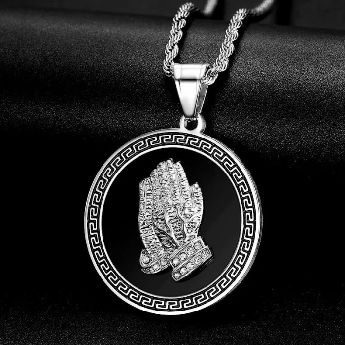 Wholesale Praying Hands Pendant – Bulk Gold-Plated Hip Hop Necklace in Vacuum-Coated Stainless Steel with CZ Bling