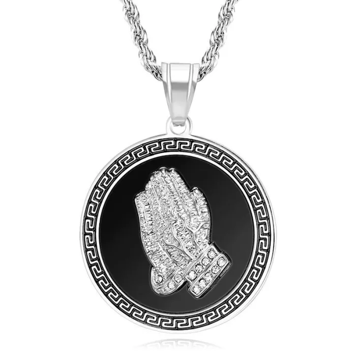 Wholesale Praying Hands Pendant – Bulk Gold-Plated Hip Hop Necklace in Vacuum-Coated Stainless Steel with CZ Bling