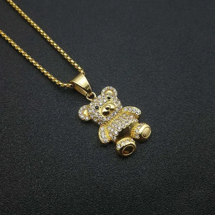 Wholesale Hip Hop Teddy Bear Pendant – Bulk Gold-Plated Stainless Steel Necklace with CZ Bling at Factory Price