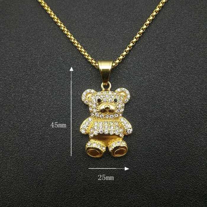Wholesale Hip Hop Teddy Bear Pendant – Bulk Gold-Plated Stainless Steel Necklace with CZ Bling at Factory Price