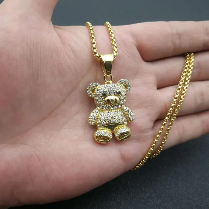 Wholesale Hip Hop Teddy Bear Pendant – Bulk Gold-Plated Stainless Steel Necklace with CZ Bling at Factory Price