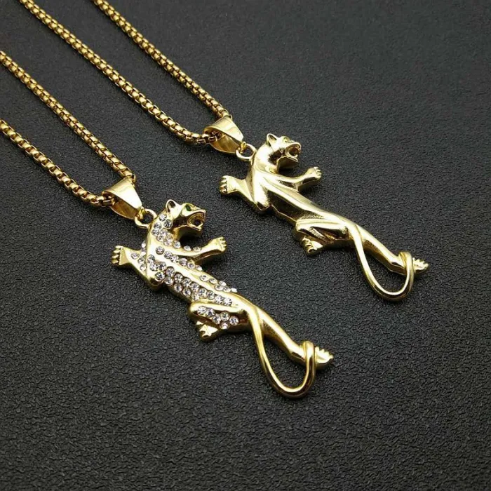 Wholesale Hip Hop Leopard Head Pendant – Bulk Gold-Plated Stainless Steel Bling Necklace at Factory Price