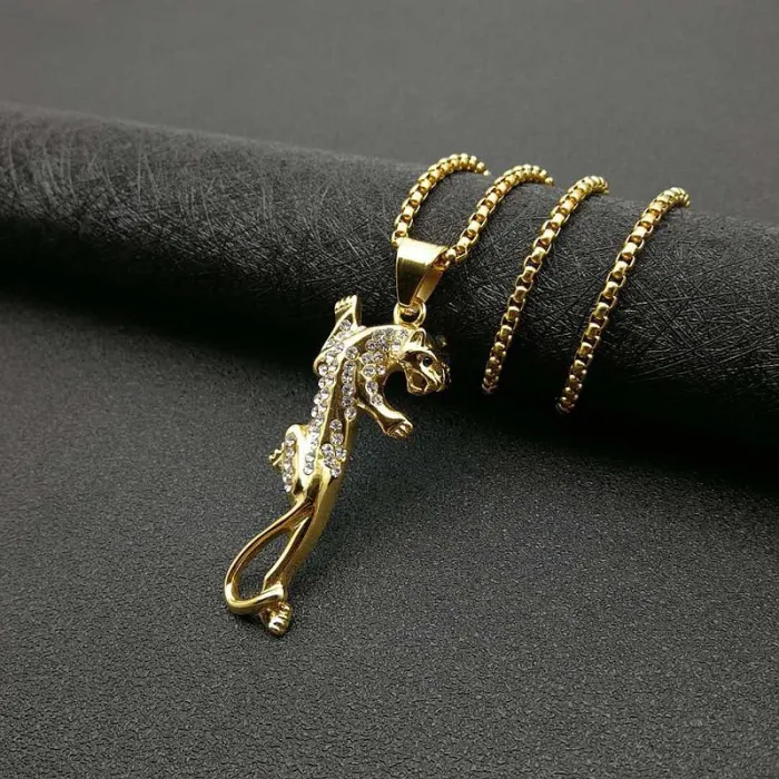 Wholesale Hip Hop Leopard Head Pendant – Bulk Gold-Plated Stainless Steel Bling Necklace at Factory Price