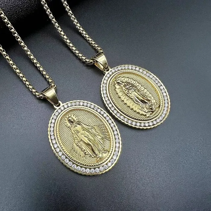 Wholesale Virgin Mary Pendant – Bulk Gold-Plated Stainless Steel Hip Hop Necklace with CZ Stones at Factory Price