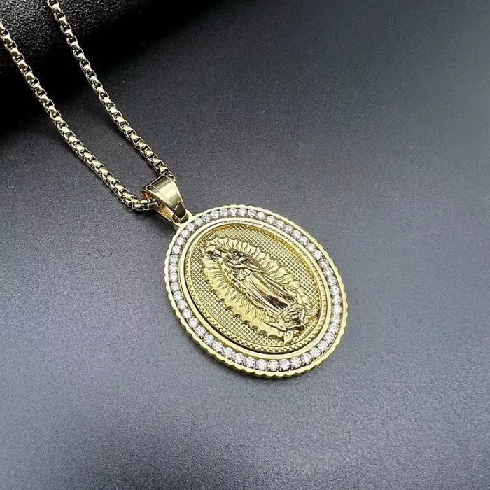 Wholesale Virgin Mary Pendant – Bulk Gold-Plated Stainless Steel Hip Hop Necklace with CZ Stones at Factory Price