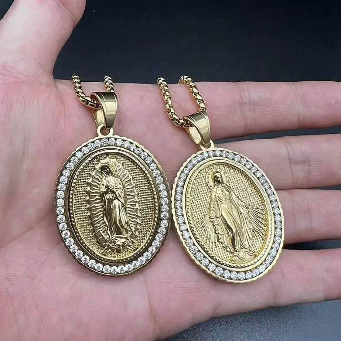 Wholesale Virgin Mary Pendant – Bulk Gold-Plated Stainless Steel Hip Hop Necklace with CZ Stones at Factory Price