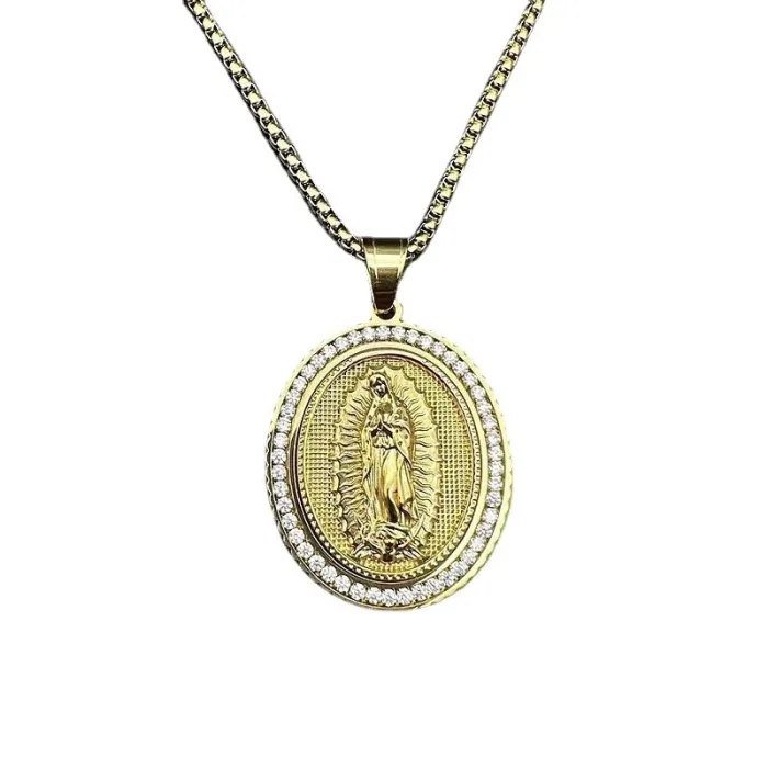Wholesale Virgin Mary Pendant – Bulk Gold-Plated Stainless Steel Hip Hop Necklace with CZ Stones at Factory Price