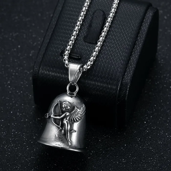 Wholesale Punk Angel Wing Bell Pendant – Bulk Titanium Steel Biker Exorcism Pet Charm at Factory Price