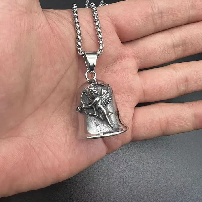 Wholesale Punk Angel Wing Bell Pendant – Bulk Titanium Steel Biker Exorcism Pet Charm at Factory Price