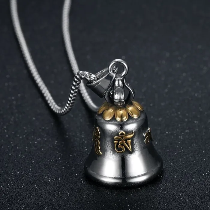 Wholesale Buddhist Prayer Bell Pendant – Bulk Gold-Plated Titanium Steel Biker Necklace with Om Mani Padme Hum