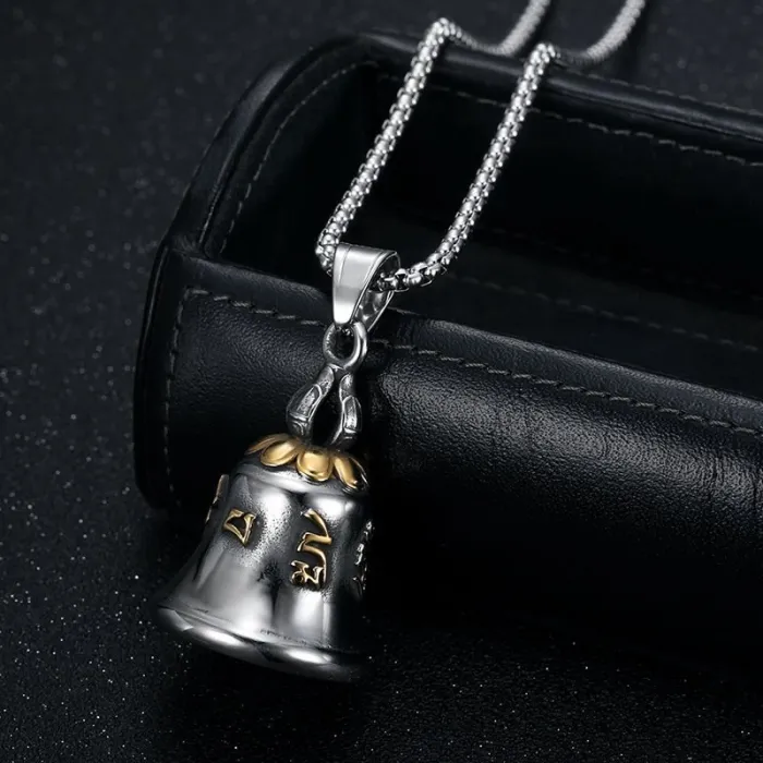 Wholesale Buddhist Prayer Bell Pendant – Bulk Gold-Plated Titanium Steel Biker Necklace with Om Mani Padme Hum