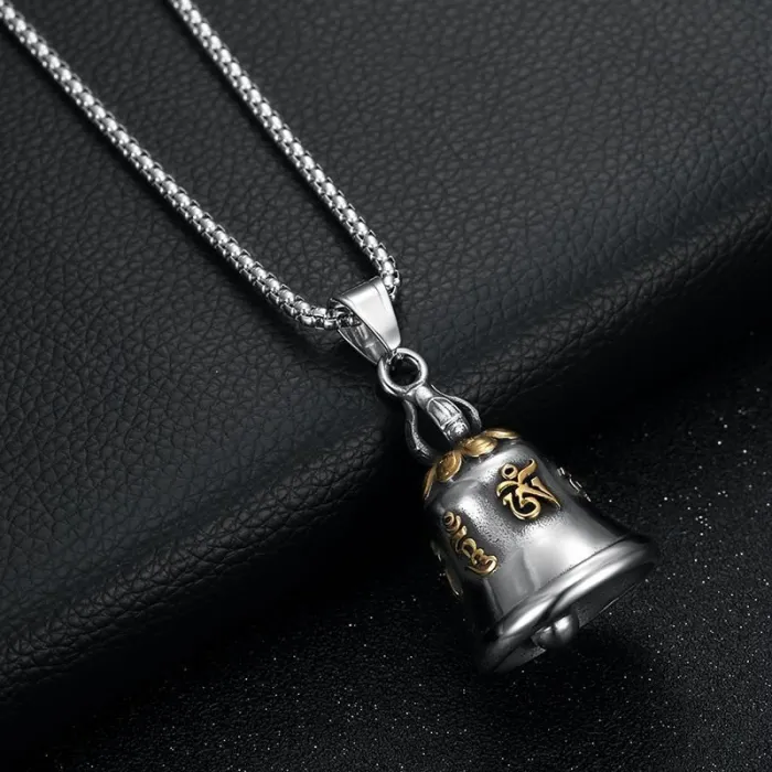 Wholesale Buddhist Prayer Bell Pendant – Bulk Gold-Plated Titanium Steel Biker Necklace with Om Mani Padme Hum