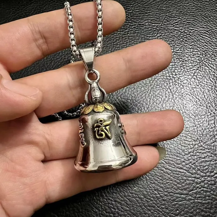 Wholesale Buddhist Prayer Bell Pendant – Bulk Gold-Plated Titanium Steel Biker Necklace with Om Mani Padme Hum