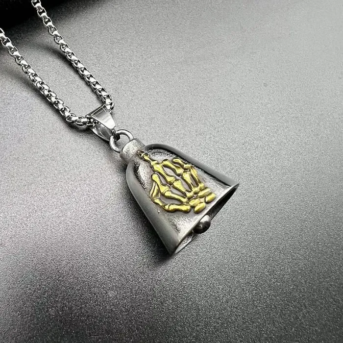 Wholesale Skull Middle Finger Bell – Bulk Gold-Plated Stainless Steel Biker Pendant for Protection at Factory Price