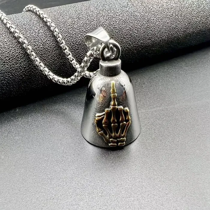 Wholesale Skull Middle Finger Bell – Bulk Gold-Plated Stainless Steel Biker Pendant for Protection at Factory Price