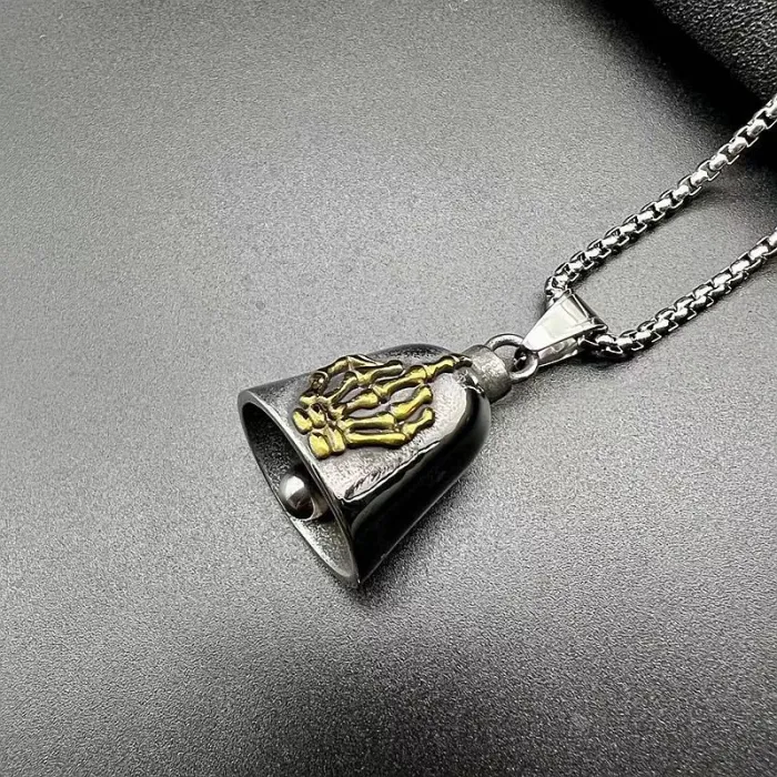 Wholesale Skull Middle Finger Bell – Bulk Gold-Plated Stainless Steel Biker Pendant for Protection at Factory Price