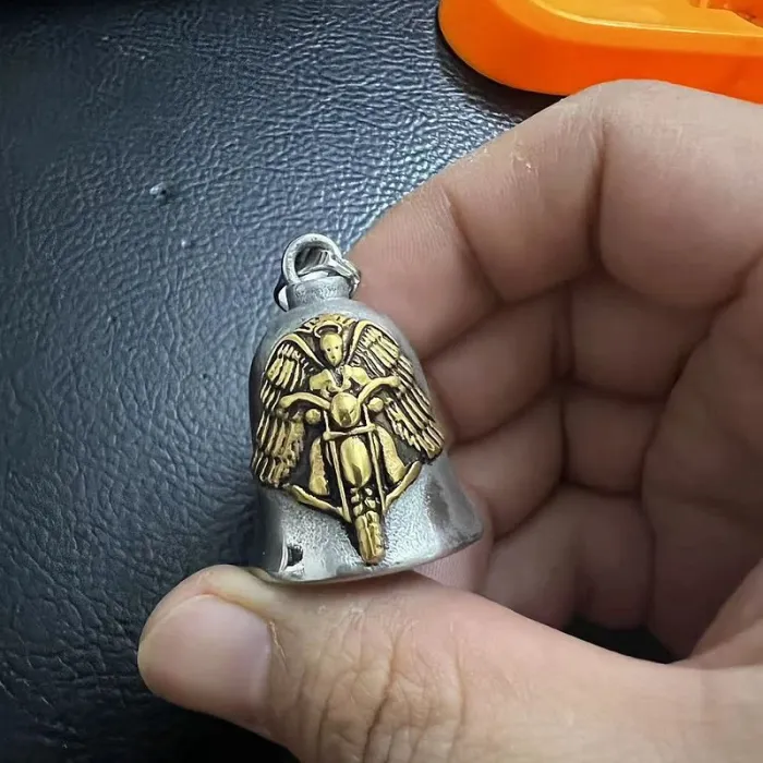Wholesale Biker Hippie Bell Pendant – Bulk Gold-Plated Stainless Steel Winged Rider Charm at Factory Price