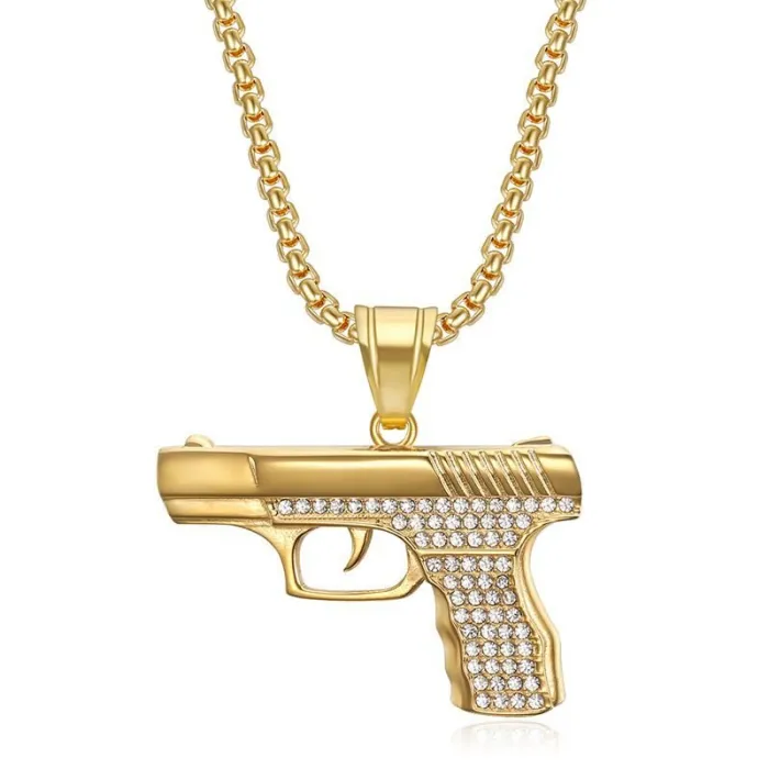 Wholesale Glock Gun Pendant Necklace – Bulk Titanium Steel Hip Hop Jewelry with CZ and Vacuum Plating at Factory Price