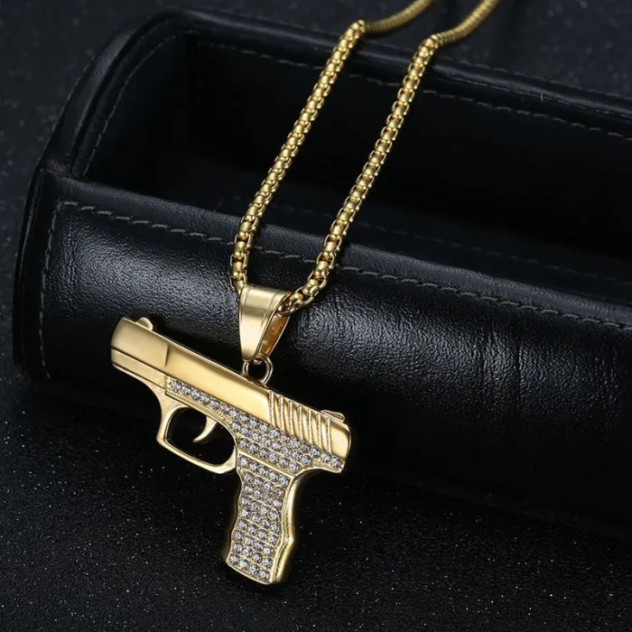 Wholesale Glock Gun Pendant Necklace – Bulk Titanium Steel Hip Hop Jewelry with CZ and Vacuum Plating at Factory Price