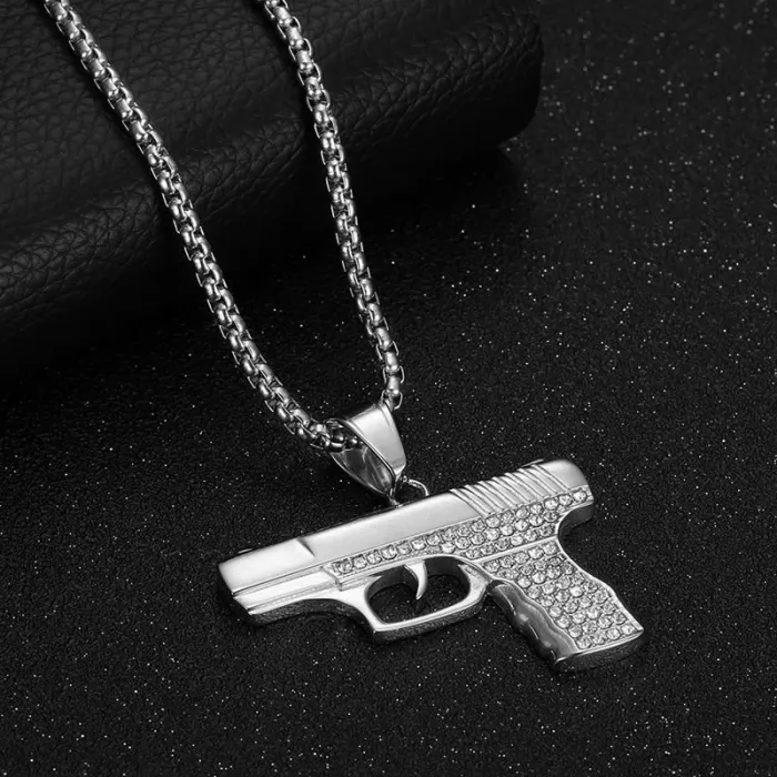 Wholesale Glock Gun Pendant Necklace – Bulk Titanium Steel Hip Hop Jewelry with CZ and Vacuum Plating at Factory Price