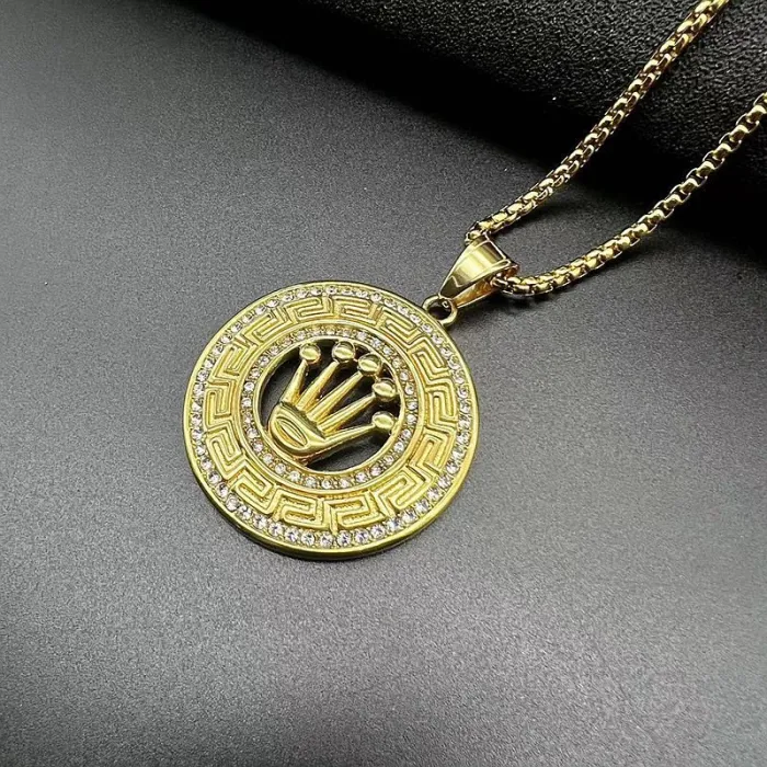 Wholesale Crown Pendant Necklace – Bulk Gold-Plated Titanium Steel Hip Hop Jewelry with CZ Bling at Factory Price