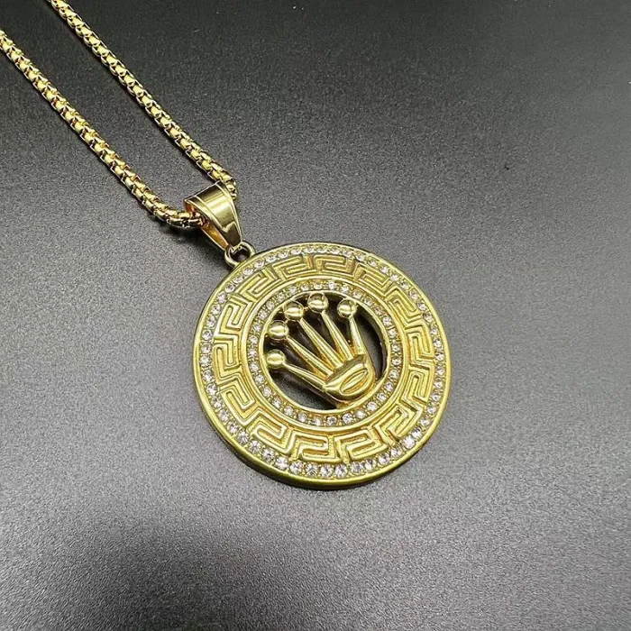 Wholesale Crown Pendant Necklace – Bulk Gold-Plated Titanium Steel Hip Hop Jewelry with CZ Bling at Factory Price