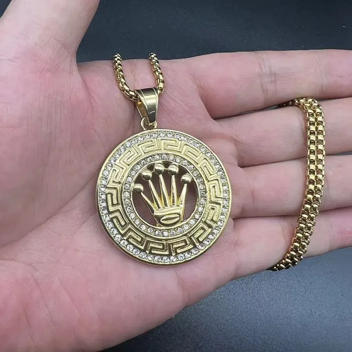 Wholesale Crown Pendant Necklace – Bulk Gold-Plated Titanium Steel Hip Hop Jewelry with CZ Bling at Factory Price