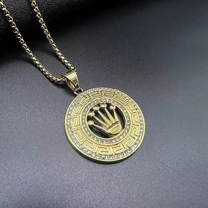 Wholesale Crown Pendant Necklace – Bulk Gold-Plated Titanium Steel Hip Hop Jewelry with CZ Bling at Factory Price