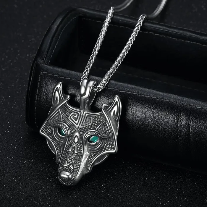 Wholesale Viking Wolf Head Pendant – Bulk Green-Eyed Stainless Steel Celtic Necklace for Men at Factory Price