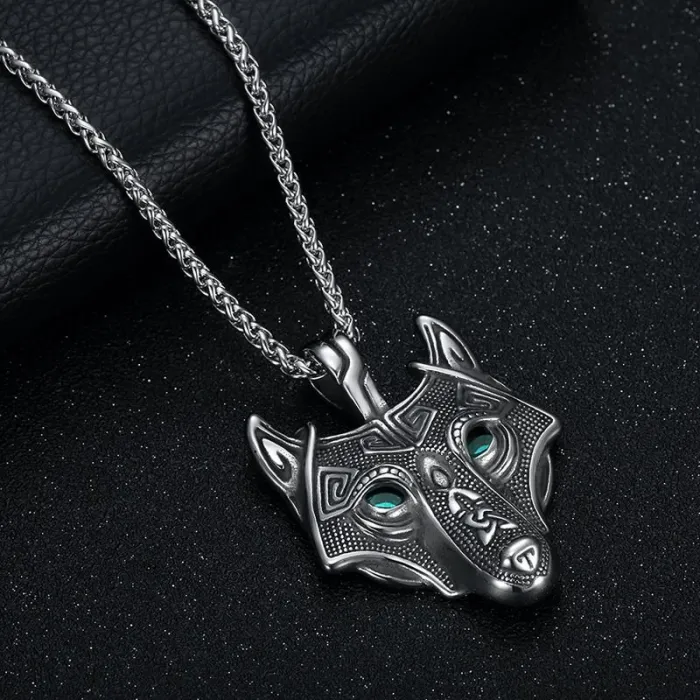 Wholesale Viking Wolf Head Pendant – Bulk Green-Eyed Stainless Steel Celtic Necklace for Men at Factory Price