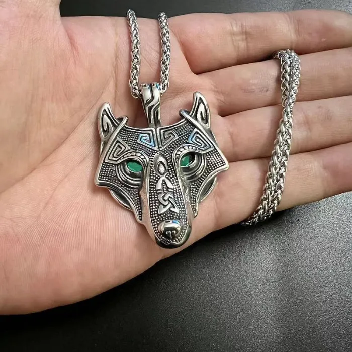 Wholesale Viking Wolf Head Pendant – Bulk Green-Eyed Stainless Steel Celtic Necklace for Men at Factory Price