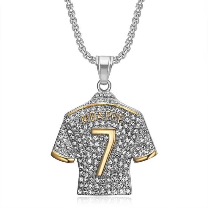 Wholesale Mbappé 7 Jersey Pendant – Bulk Gold-Plated Titanium Steel Hip Hop Necklace with CZ at Factory Price