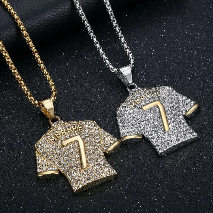 Wholesale Mbappé 7 Jersey Pendant – Bulk Gold-Plated Titanium Steel Hip Hop Necklace with CZ at Factory Price