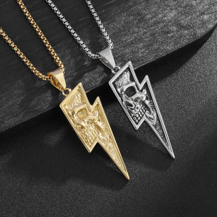 Wholesale Punk Skull Pendant Necklace – Bulk Titanium Steel Lightning Skull Jewelry for Men at Factory Price