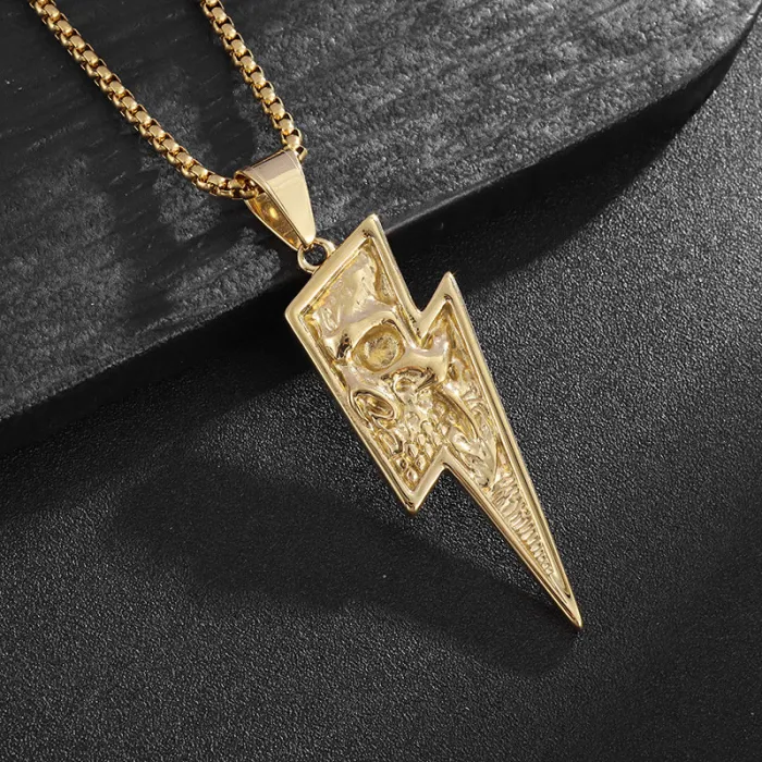 Wholesale Punk Skull Pendant Necklace – Bulk Titanium Steel Lightning Skull Jewelry for Men at Factory Price