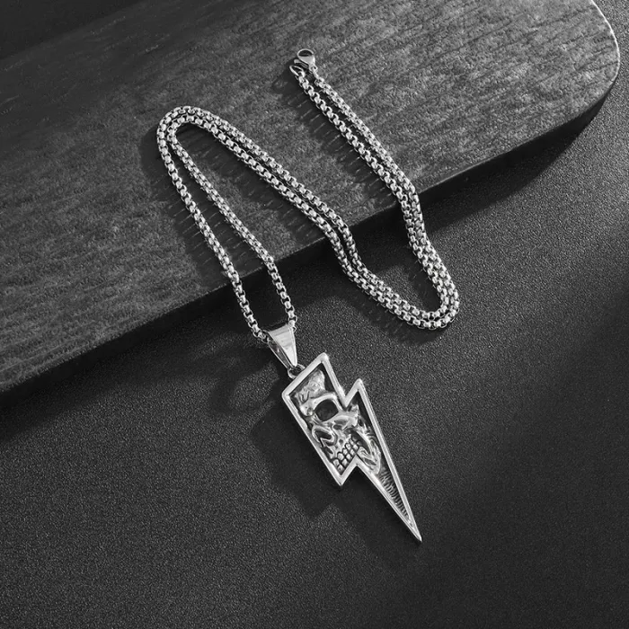 Wholesale Punk Skull Pendant Necklace – Bulk Titanium Steel Lightning Skull Jewelry for Men at Factory Price