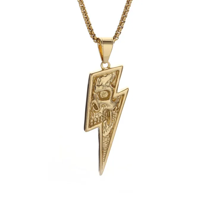 Wholesale Punk Skull Pendant Necklace – Bulk Titanium Steel Lightning Skull Jewelry for Men at Factory Price