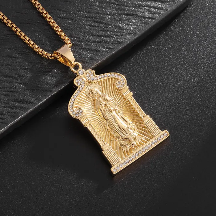 Wholesale Virgin Mary Pendant Necklace – Bulk 18K Gold-Plated Polished Titanium Steel Jewelry for Men at Factory Price