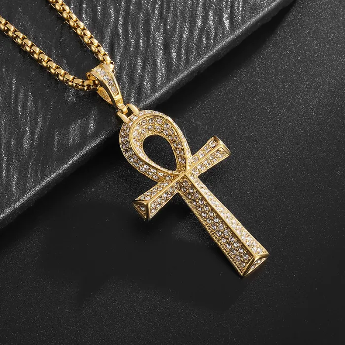 Wholesale Ankh Pendant Necklace – Bulk 316L Stainless Steel Gold-Plated Jewelry with CZ at Factory Price